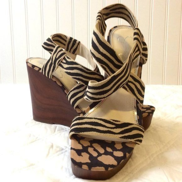 Jessica Simpson Womens Black Ivory Zebra Print Chunky Wedge Heel Size 9 NWOT - Picture 1 of 7